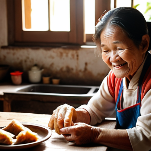 Home 16 **Prompt:** A heartwarming scene of an elderly Vietnamese grandmother (Bà) with a gentle smile, meticulously rolling traditional "nem rán" (fried spring rolls) in a rustic kitchen, with sunlight streaming through a window. A curious young child (grandchild) observes her, reflecting a sense of intergenerational connection and the warmth of Tet family traditions. The atmosphere is nostalgic and cozy, emphasizing culinary heritage. *Style: Realistic, warm lighting, shallow depth of field.*