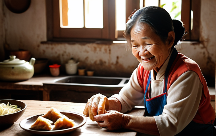 **Prompt:** A heartwarming scene of an elderly Vietnamese grandmother (Bà) with a gentle smile, meticulously rolling traditional "nem rán" (fried spring rolls) in a rustic kitchen, with sunlight streaming through a window. A curious young child (grandchild) observes her, reflecting a sense of intergenerational connection and the warmth of Tet family traditions. The atmosphere is nostalgic and cozy, emphasizing culinary heritage. *Style: Realistic, warm lighting, shallow depth of field.*