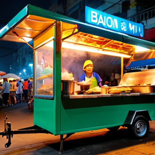 Home 15 A bustling Saigon street food scene at night, featuring a "Banh Mi" vendor with a crowd of people. Capture the vibrant colors of the streetlights and the steam rising from the food carts. Focus on the energy and excitement of the street food culture.