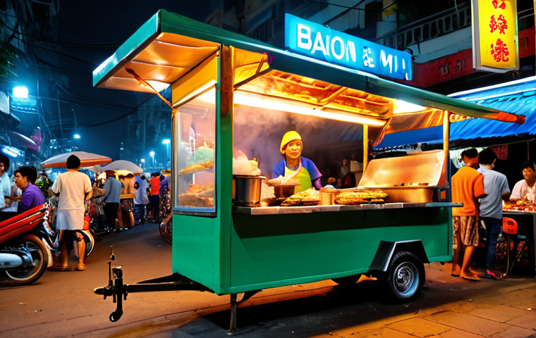 A bustling Saigon street food scene at night, featuring a "Banh Mi" vendor with a crowd of people. Capture the vibrant colors of the streetlights and the steam rising from the food carts. Focus on the energy and excitement of the street food culture.