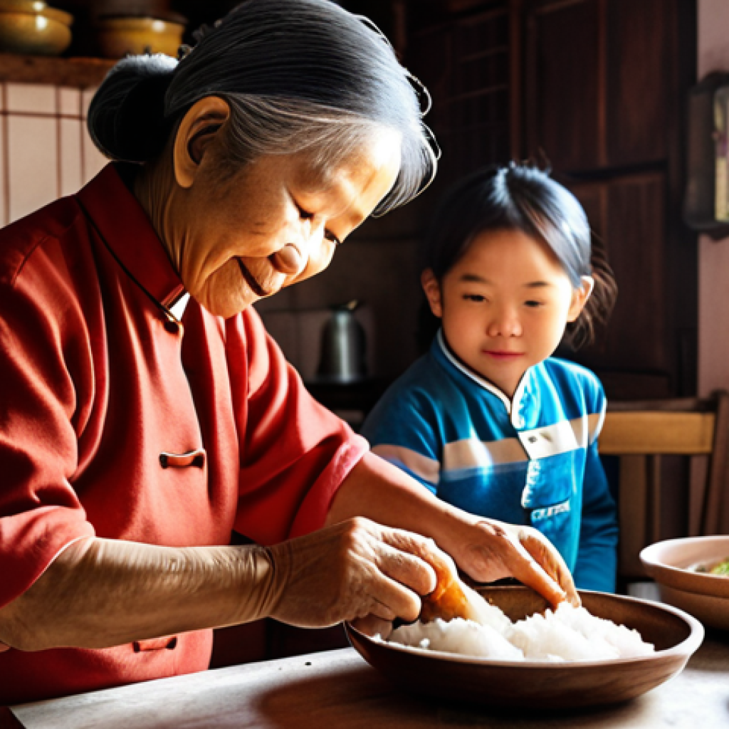 **A heartwarming scene of a Vietnamese grandmother and her grandchild in a cozy, warm-lit kitchen, preparing traditional dishes. Focus on the intricate details of hands expertly wrapping 'Bánh Chưng' (sticky rice cake) or stirring 'Thịt Kho Tàu' (braised pork with eggs). The atmosphere should convey intergenerational love, culinary heritage, and a sense of comforting nostalgia, with soft, ambient lighting.**