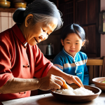 **A heartwarming scene of a Vietnamese grandmother and her grandchild in a cozy, warm-lit kitchen, preparing traditional dishes. Focus on the intricate details of hands expertly wrapping 'Bánh Chưng' (sticky rice cake) or stirring 'Thịt Kho Tàu' (braised pork with eggs). The atmosphere should convey intergenerational love, culinary heritage, and a sense of comforting nostalgia, with soft, ambient lighting.**