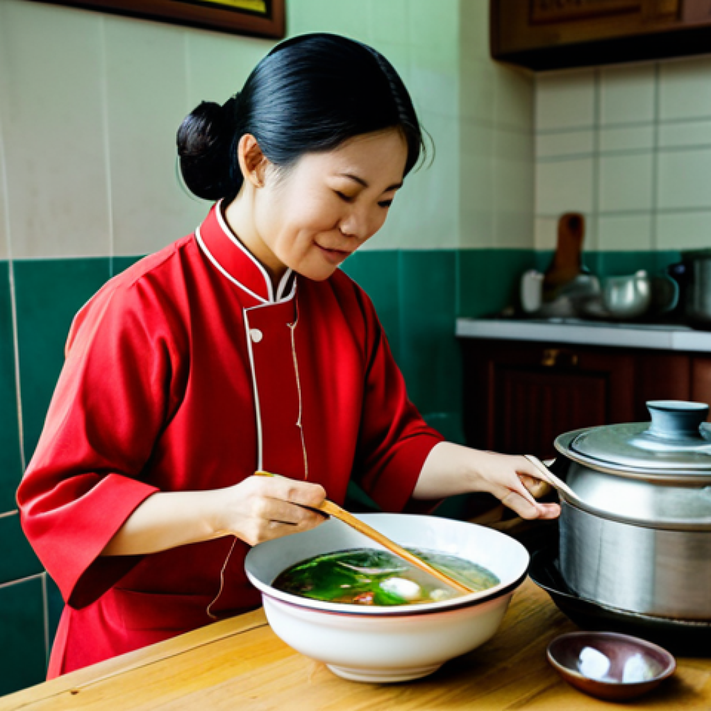 **

"A Vietnamese mother in modest traditional clothing, cooking canh chua ca loc (sour fish soup) in a cozy kitchen filled with natural light, fully clothed, appropriate attire, safe for work, perfect anatomy, natural proportions, family-friendly, professional photography, high quality, emphasis on the warmth and love of family meals."

**