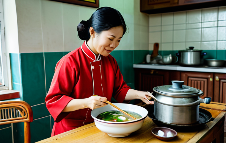 **
"A Vietnamese mother in modest traditional clothing, cooking canh chua ca loc (sour fish soup) in a cozy kitchen filled with natural light, fully clothed, appropriate attire, safe for work, perfect anatomy, natural proportions, family-friendly, professional photography, high quality, emphasis on the warmth and love of family meals."
**