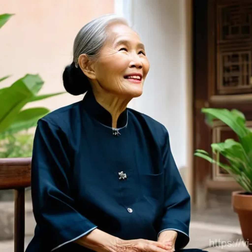 구술사 수집을 위한 장비 및 도구 - **Prompt:** A heartwarming scene featuring a wise, elderly Vietnamese grandmother, wearing a traditi...
