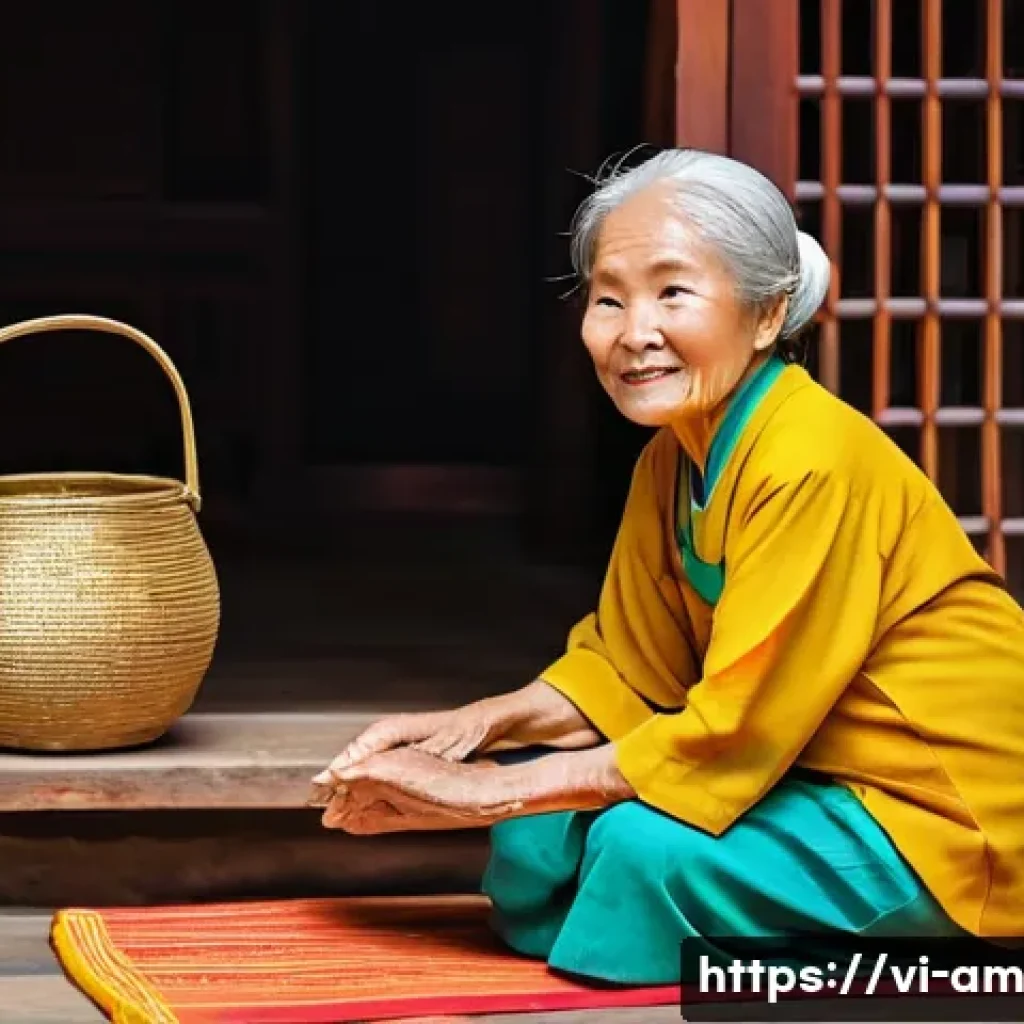 구술사 연구와 사회연구의 융합 - **Prompt:** A warm, nostalgic scene inside a traditional Vietnamese house. An elderly Vietnamese gra...