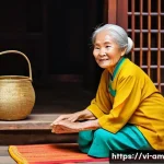 Home 21 구술사 연구와 사회연구의 융합 - **Prompt:** A warm, nostalgic scene inside a traditional Vietnamese house. An elderly Vietnamese gra...