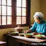 Home 19 음식 문화 구술사 수집을 위한 커뮤니티 참여 - **Prompt:** A heartwarming scene inside a traditional Vietnamese home kitchen. An elderly Vietnamese...