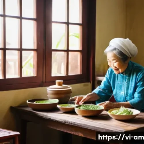 Home 31 음식 문화 구술사 수집을 위한 커뮤니티 참여 - **Prompt:** A heartwarming scene inside a traditional Vietnamese home kitchen. An elderly Vietnamese...