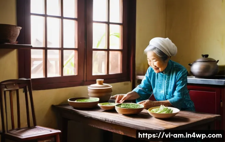 음식 문화 구술사 수집을 위한 커뮤니티 참여 - **Prompt:** A heartwarming scene inside a traditional Vietnamese home kitchen. An elderly Vietnamese...