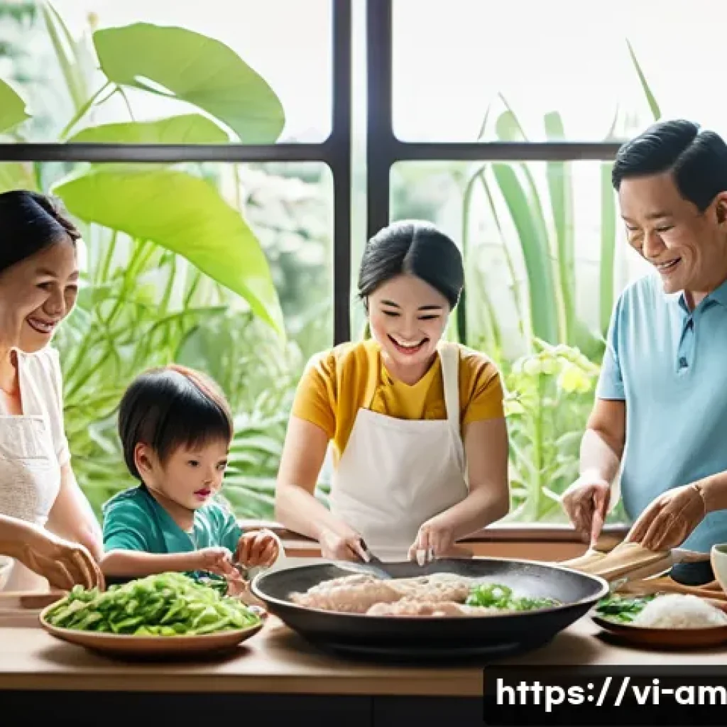 음식 문화 구술사와 패스트푸드의 영향 - A vibrant Vietnamese family kitchen scene where multiple generations are joyfully preparing traditio...
