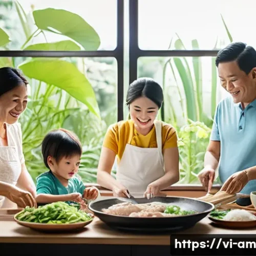 Home 30 음식 문화 구술사와 패스트푸드의 영향 - A vibrant Vietnamese family kitchen scene where multiple generations are joyfully preparing traditio...