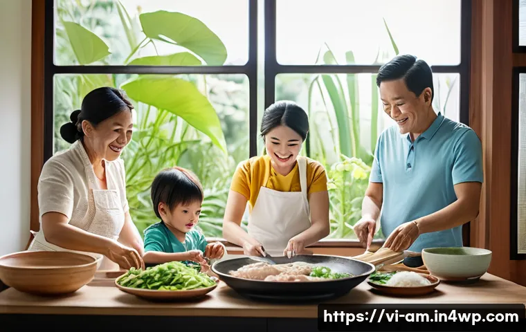 음식 문화 구술사와 패스트푸드의 영향 - A vibrant Vietnamese family kitchen scene where multiple generations are joyfully preparing traditio...