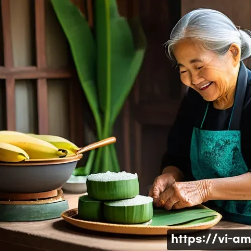Home 29 음식 문화 구술사와 대화의 기술 - A warm, cozy Vietnamese family kitchen scene during Tet holiday, an elderly grandmother wearing trad...