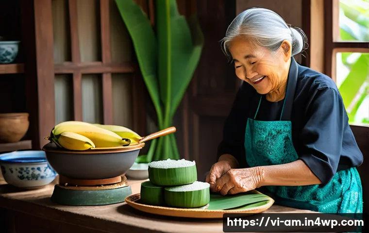 음식 문화 구술사와 대화의 기술 - A warm, cozy Vietnamese family kitchen scene during Tet holiday, an elderly grandmother wearing trad...