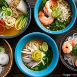 Home 22 음식 문화 구술사와 미적 경험 - A vibrant Vietnamese street food market scene at sunset, featuring a diverse array of traditional di...