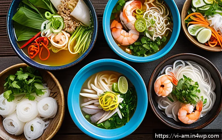 음식 문화 구술사와 미적 경험 - A vibrant Vietnamese street food market scene at sunset, featuring a diverse array of traditional di...